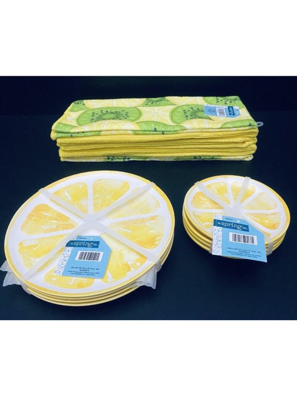 Melamine SET of 14 Lemon Slice Salad Appetizer Roll Plates Kiwi Dish Towels NWT